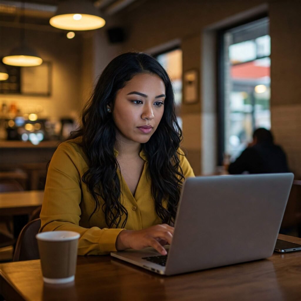 Woman focused on coding on screens.