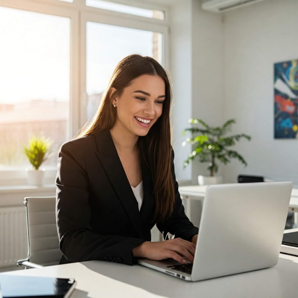A confident young woman smiling at her laptop in a modern office setting