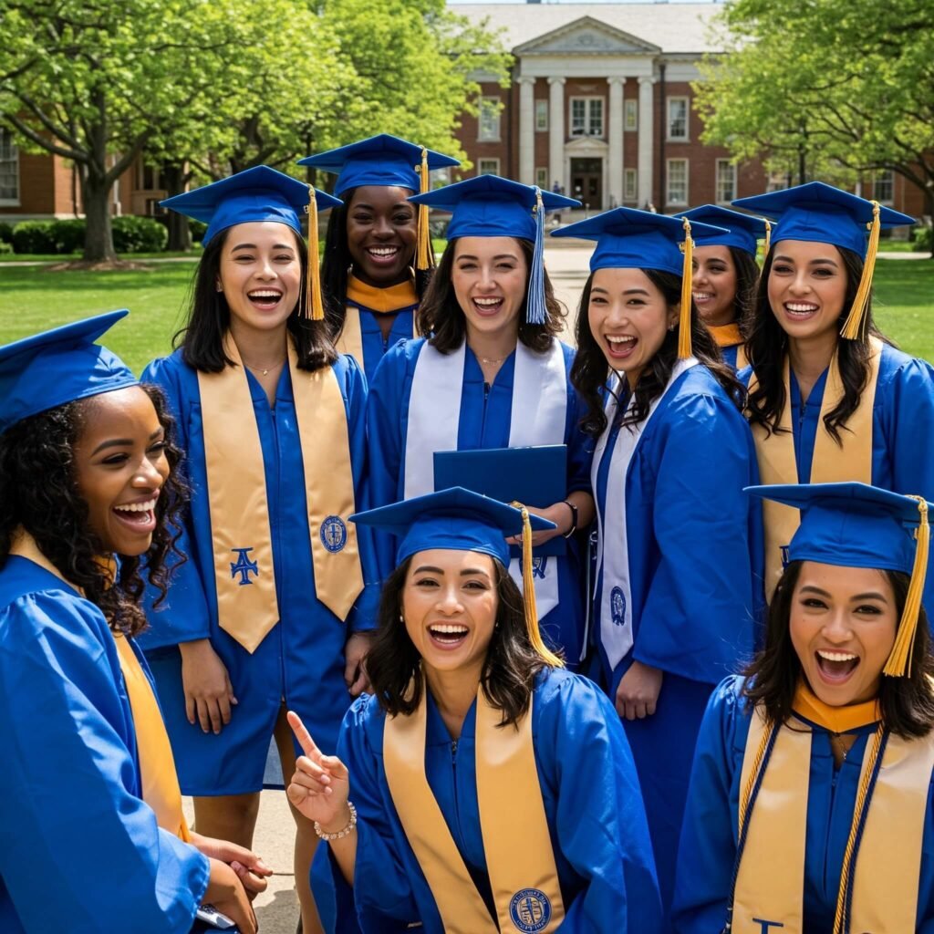 A diverse group of women in graduation attire
