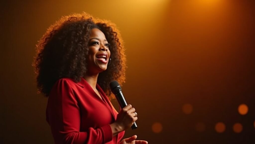 Oprah Winfrey speaking on stage under a warm spotlight