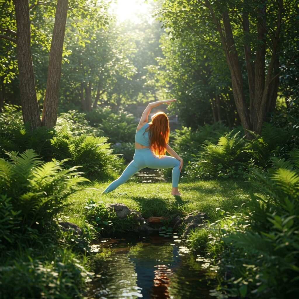 Woman practicing yoga outdoors.