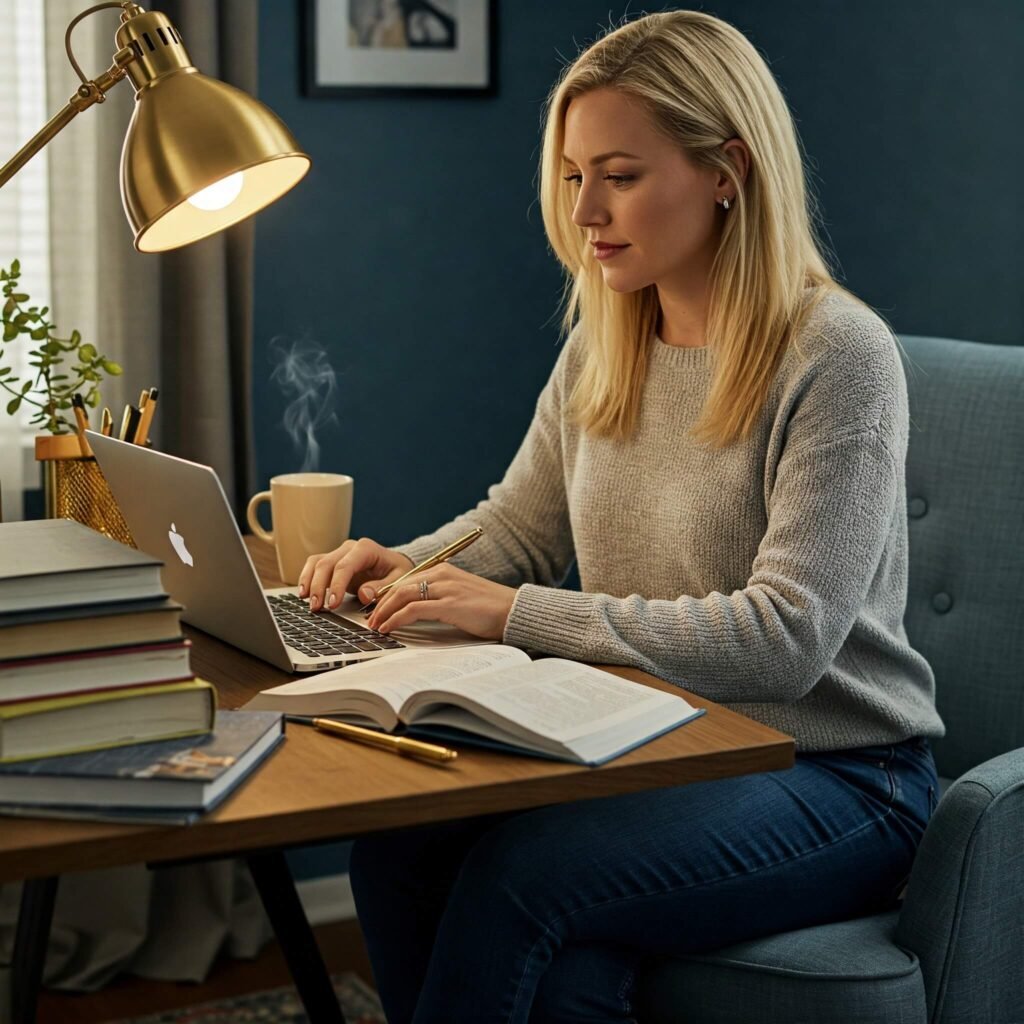 Woman studying confidently at desk.