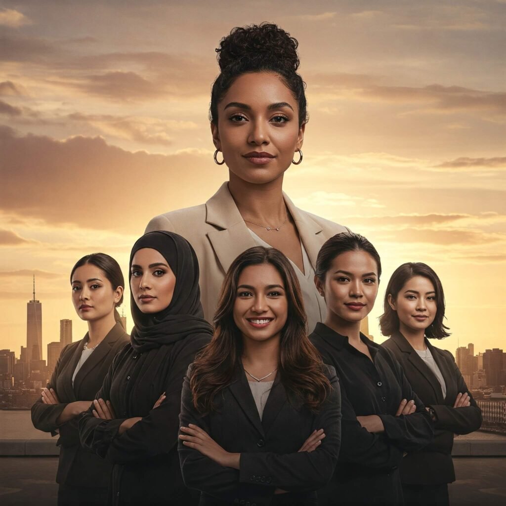 Diverse women against city skyline
