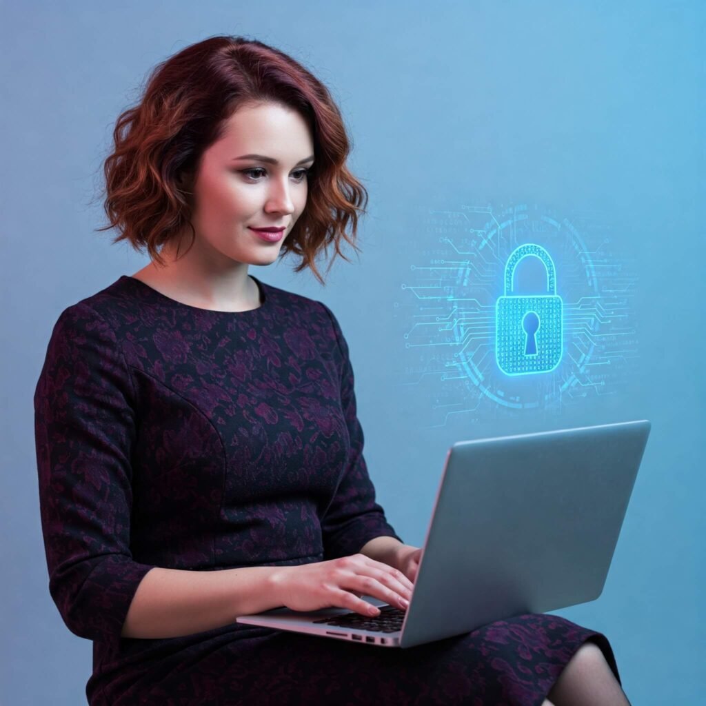 Woman with laptop and digital shield.