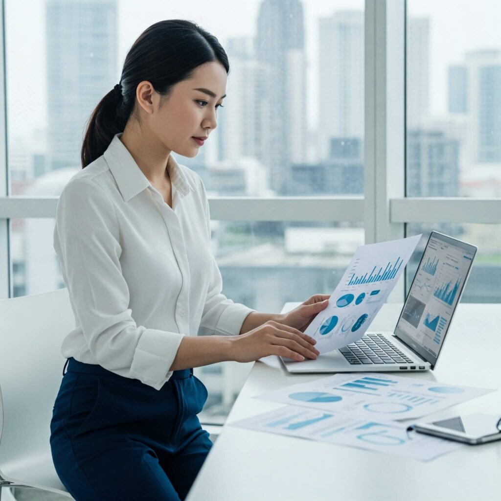 Woman analyzing financial data on laptop