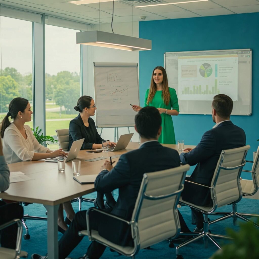 Woman presenting in diverse meeting.