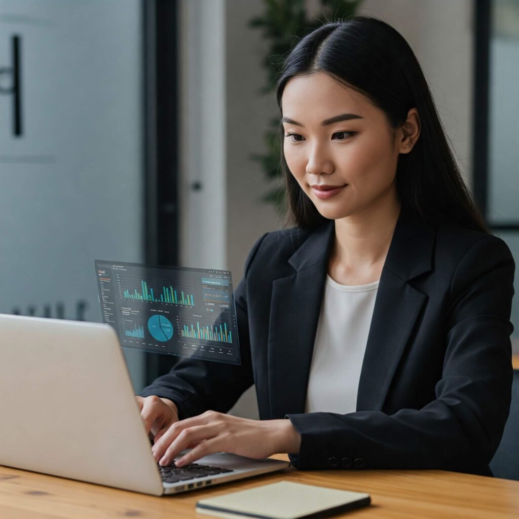 Woman reviewing digital marketing analytics.