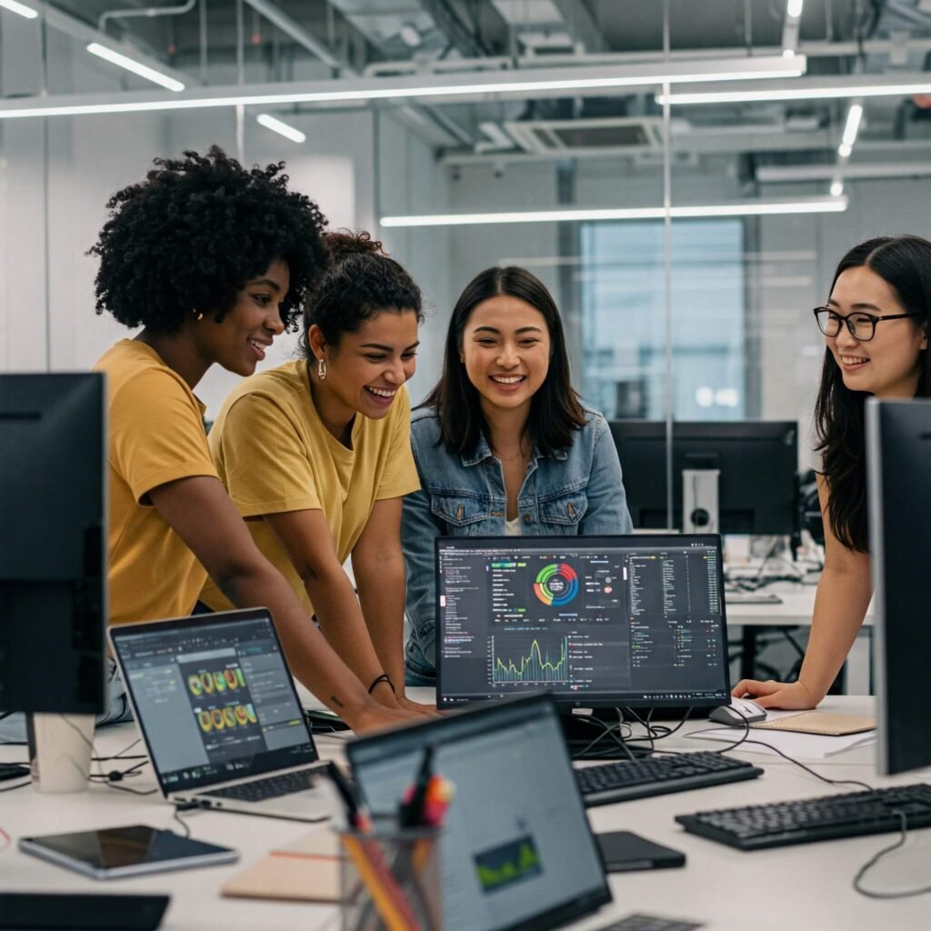 Women revolutionizing tech and finance collaborating in a high-tech office.