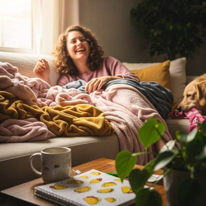 A woman laughing on a couch surrounded by blankets, a coffee mug, and a notebook with taco doodles.