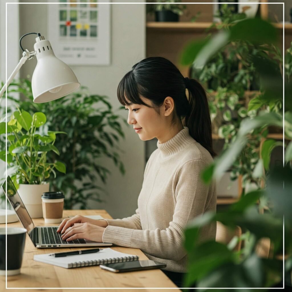 Woman working on a laptop in a modern workspace
