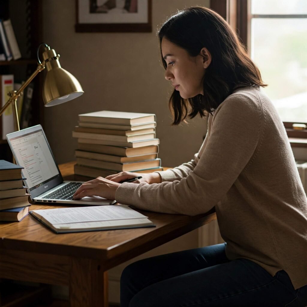 Woman working diligently at a desk with books and laptop