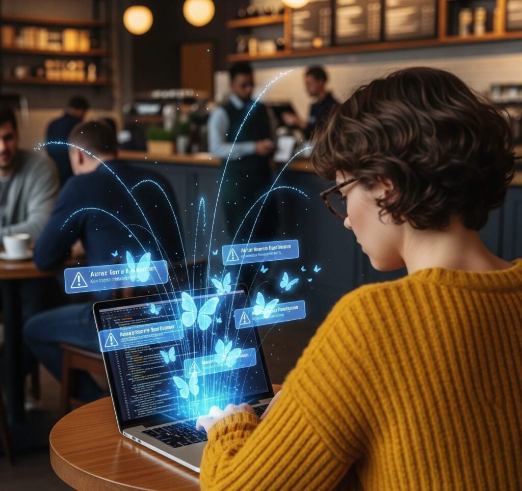 Anxious tech professional coding with glowing butterflies fluttering around.