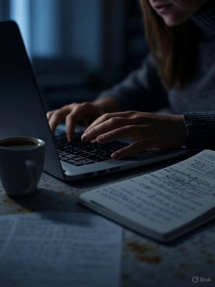 Gritty Late-Night Typing: Woman, Spilled Coffee, Scribbled Budget