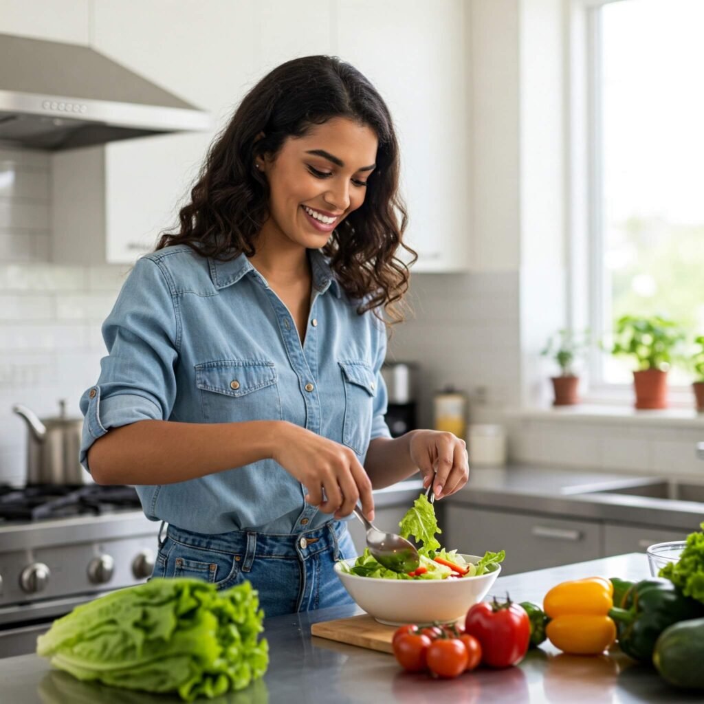 Woman preparing colorful salad