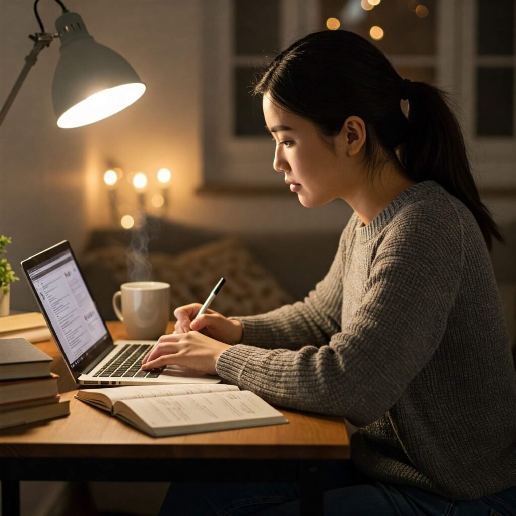 A woman studying at a cozy desk