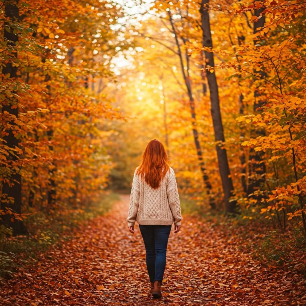 A woman walking on a colorful autumn trail