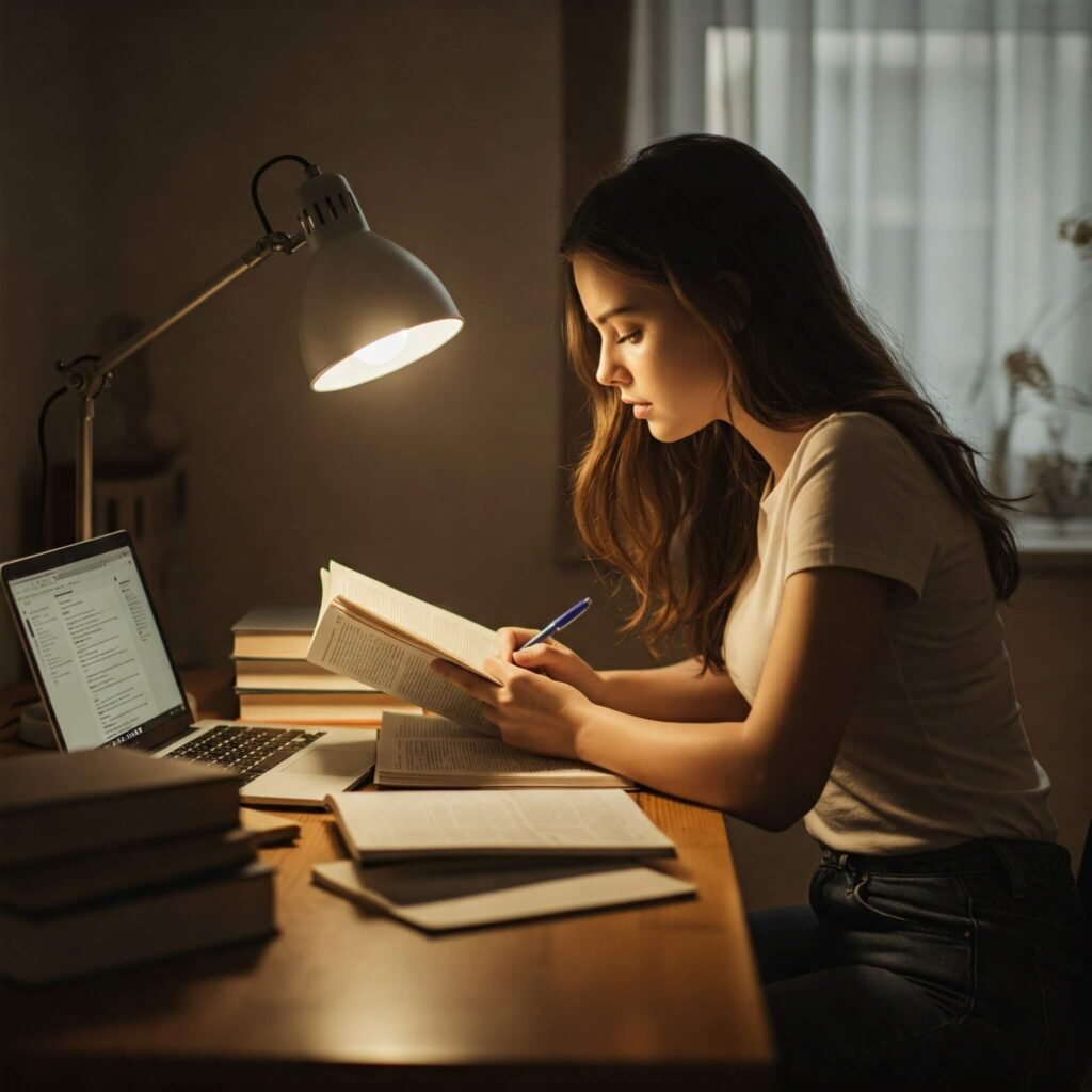 A woman studying at a desk with a laptop and books
