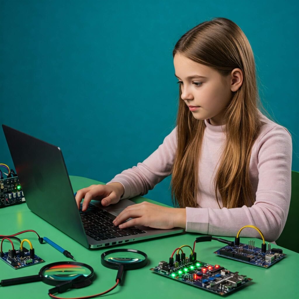 Girl coding with STEM tools.