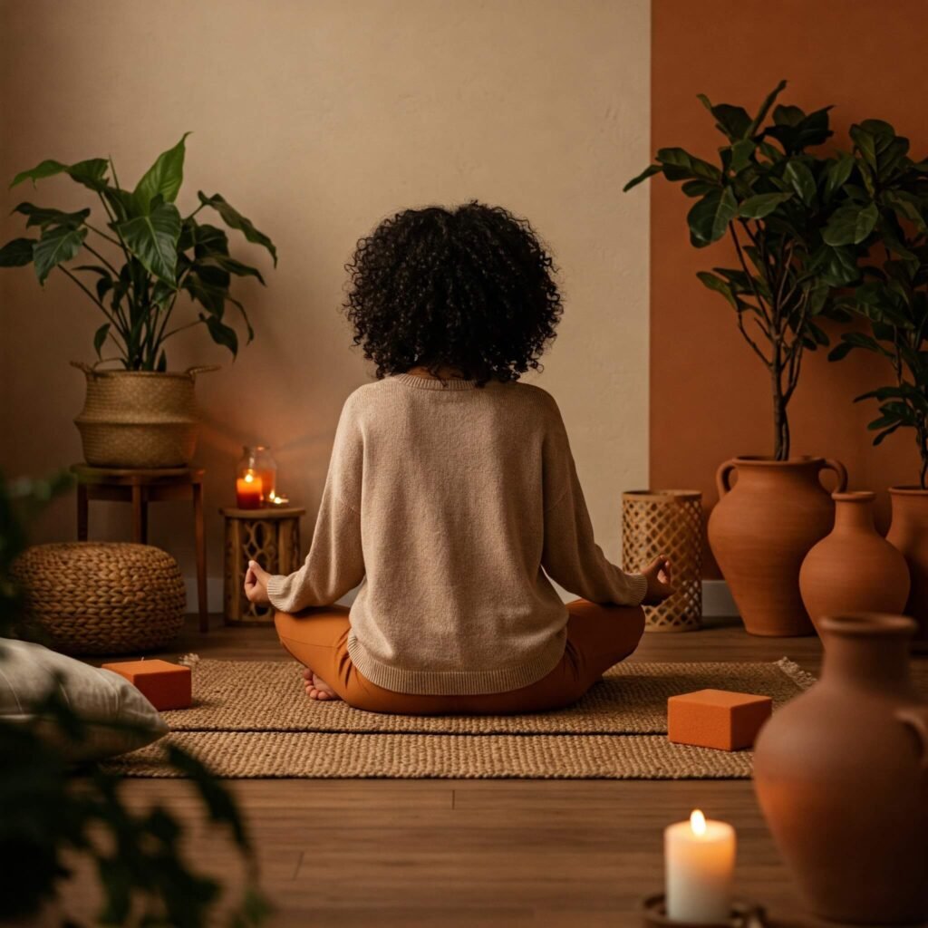 Woman meditating in cozy room.