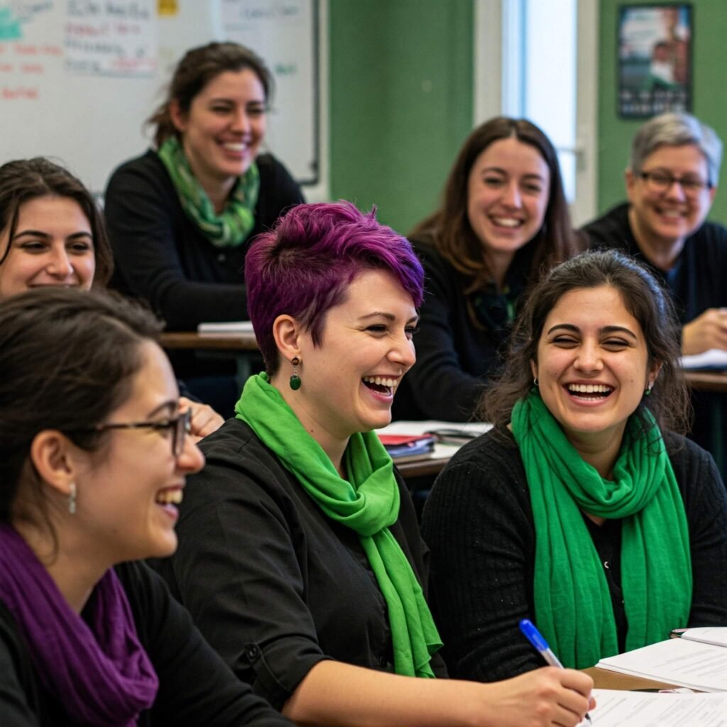 Diverse women learning together joyfully.