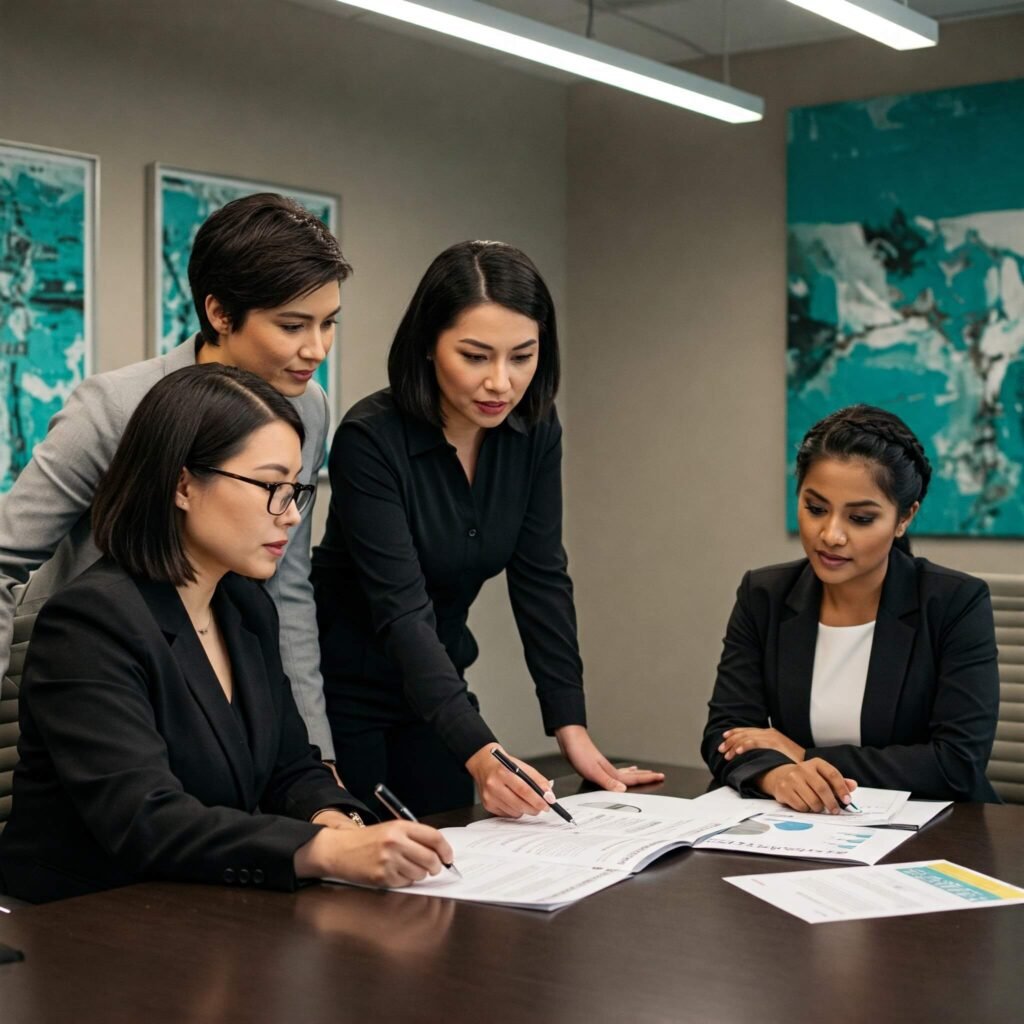 Women discussing financial strategies in boardroom