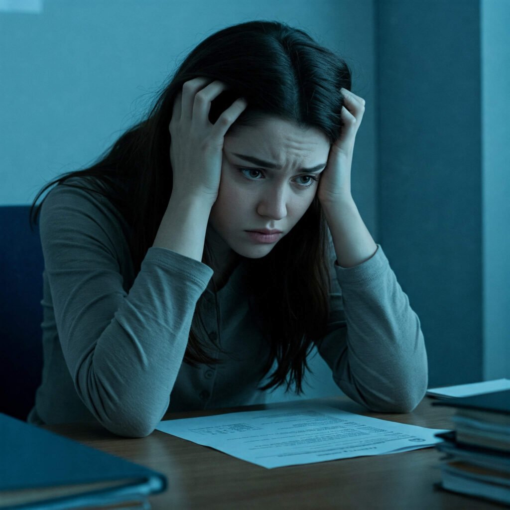 Frustrated woman at workplace desk.