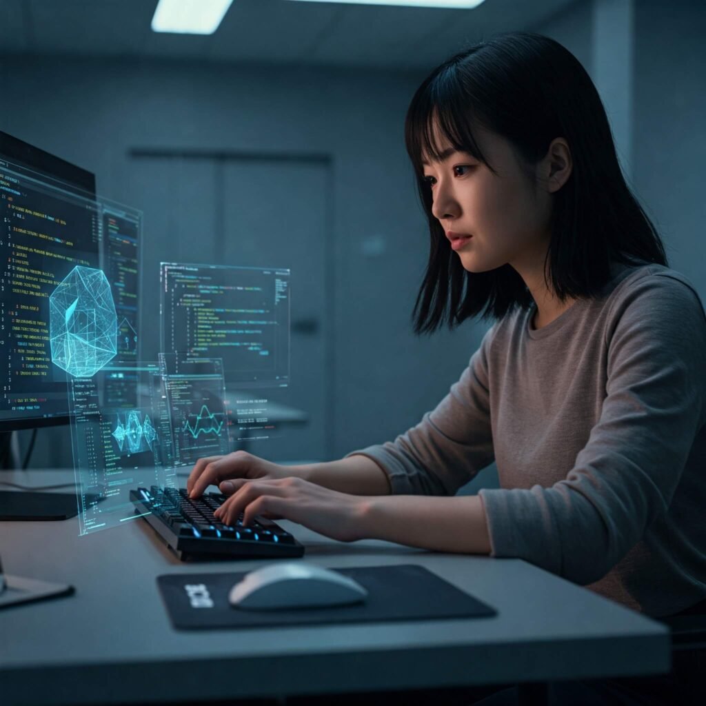 Female innovator coding to revolutionize tech.