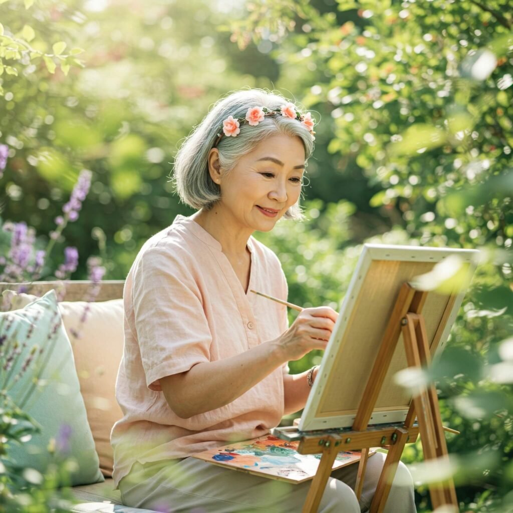Woman gardening in peaceful setting.