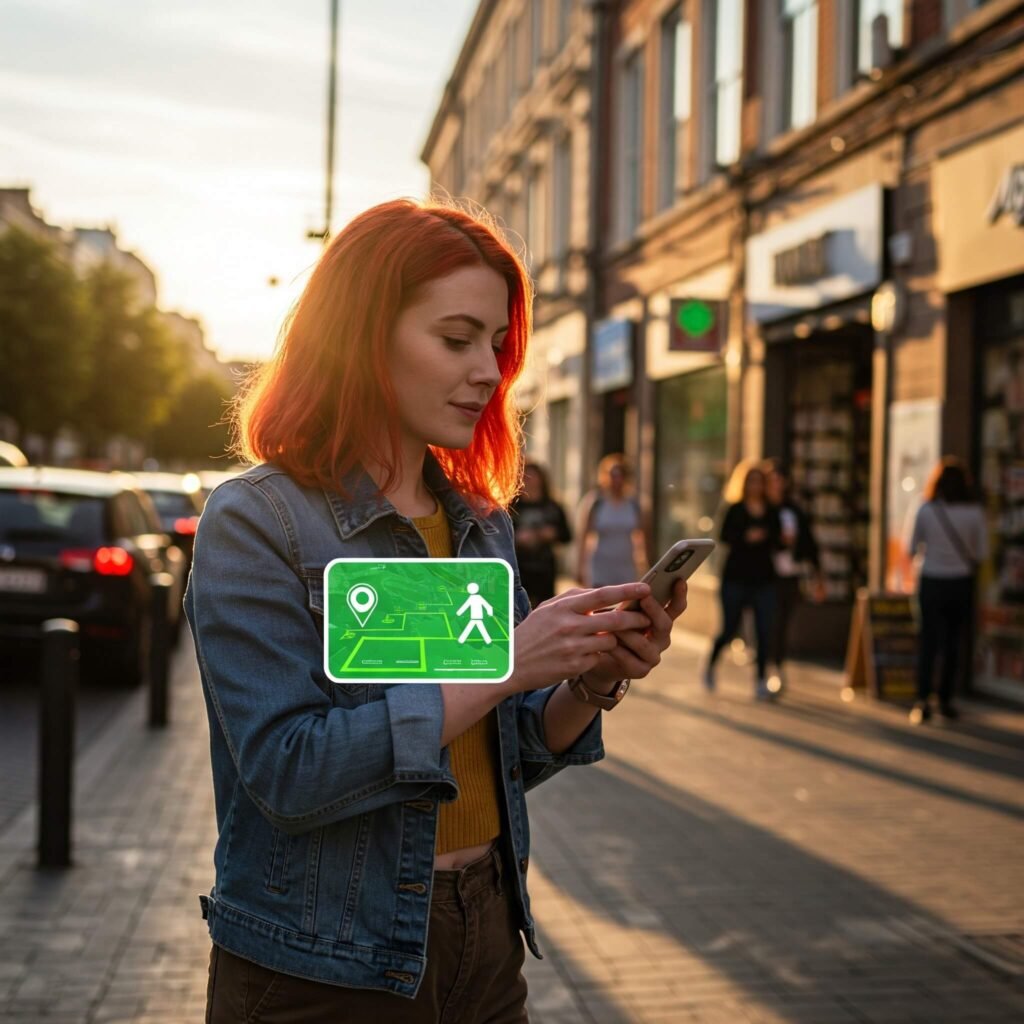 Woman viewing safe route map