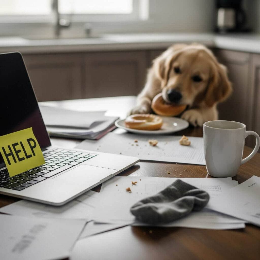 A messy kitchen table with a laptop, coffee mug, and a dog stealing a bagel.
