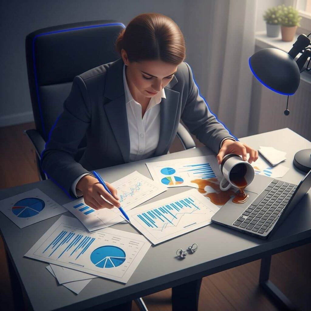 A woman in a blazer spills coffee on a messy desk with financial charts.