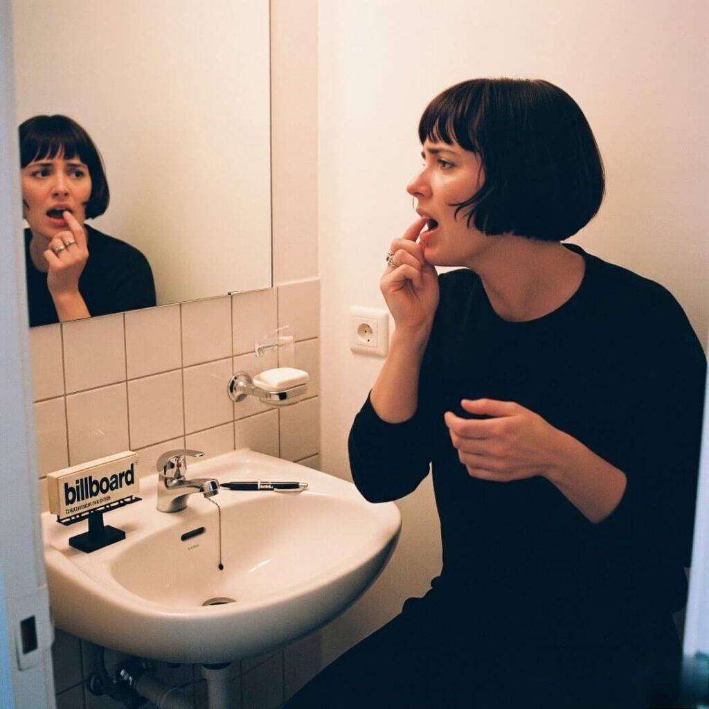 A woman practices her pitch in a small bathroom mirror, a billboard pen on the sink.