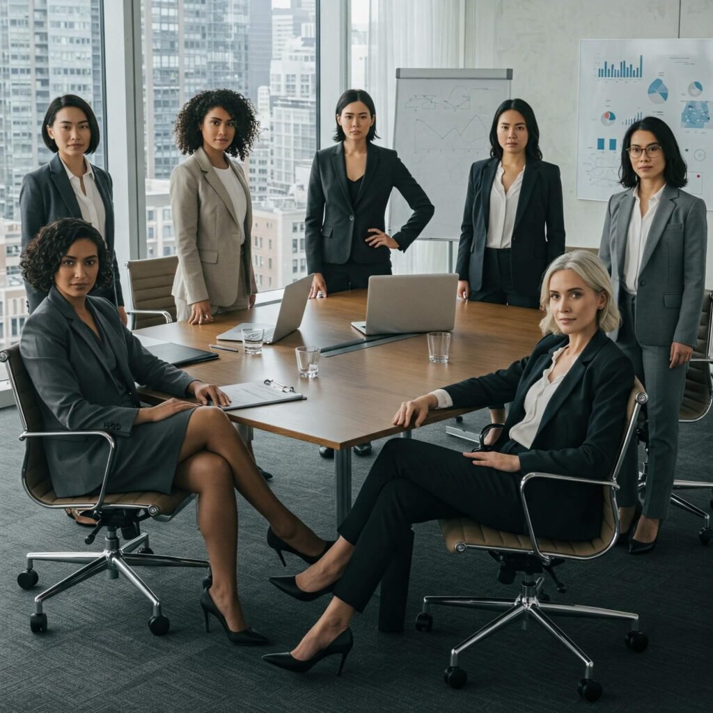 a diverse group of women leaders in a boardroom, exuding confidence