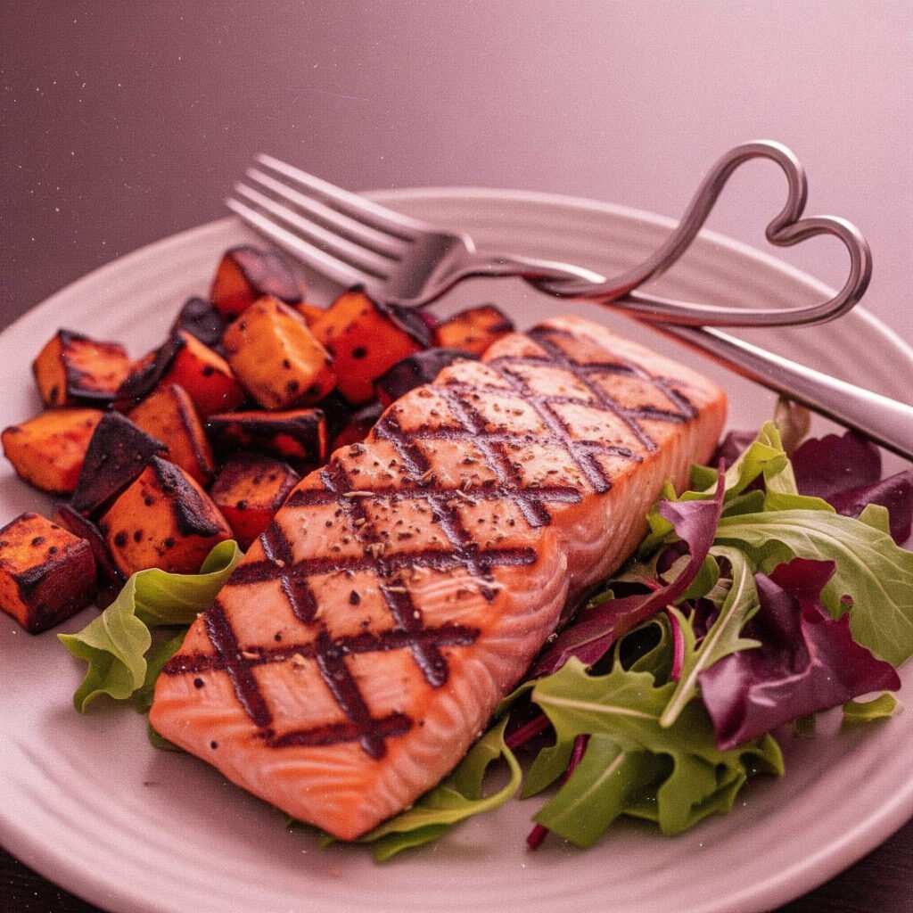 Grilled salmon and sweet potatoes on a plate with a heart-shaped fork.