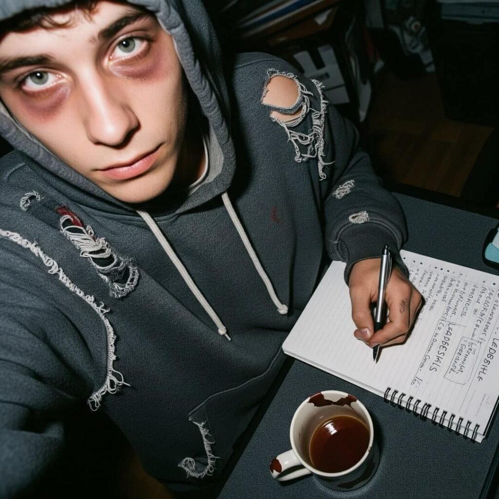 A grainy selfie of a person in a hoodie, writing leadership goals in a notebook.