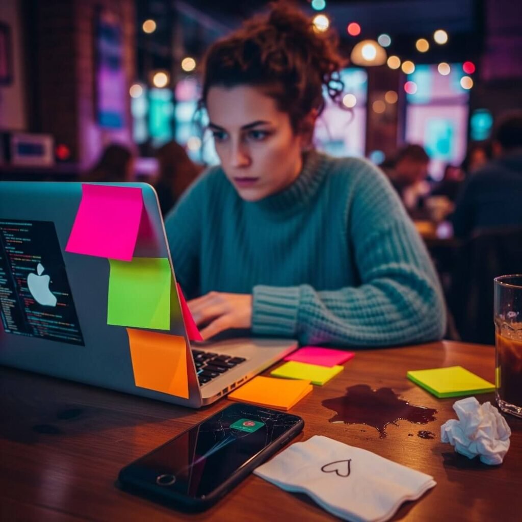 A woman works on a laptop at a coffee shop table, surrounded by sticky notes.