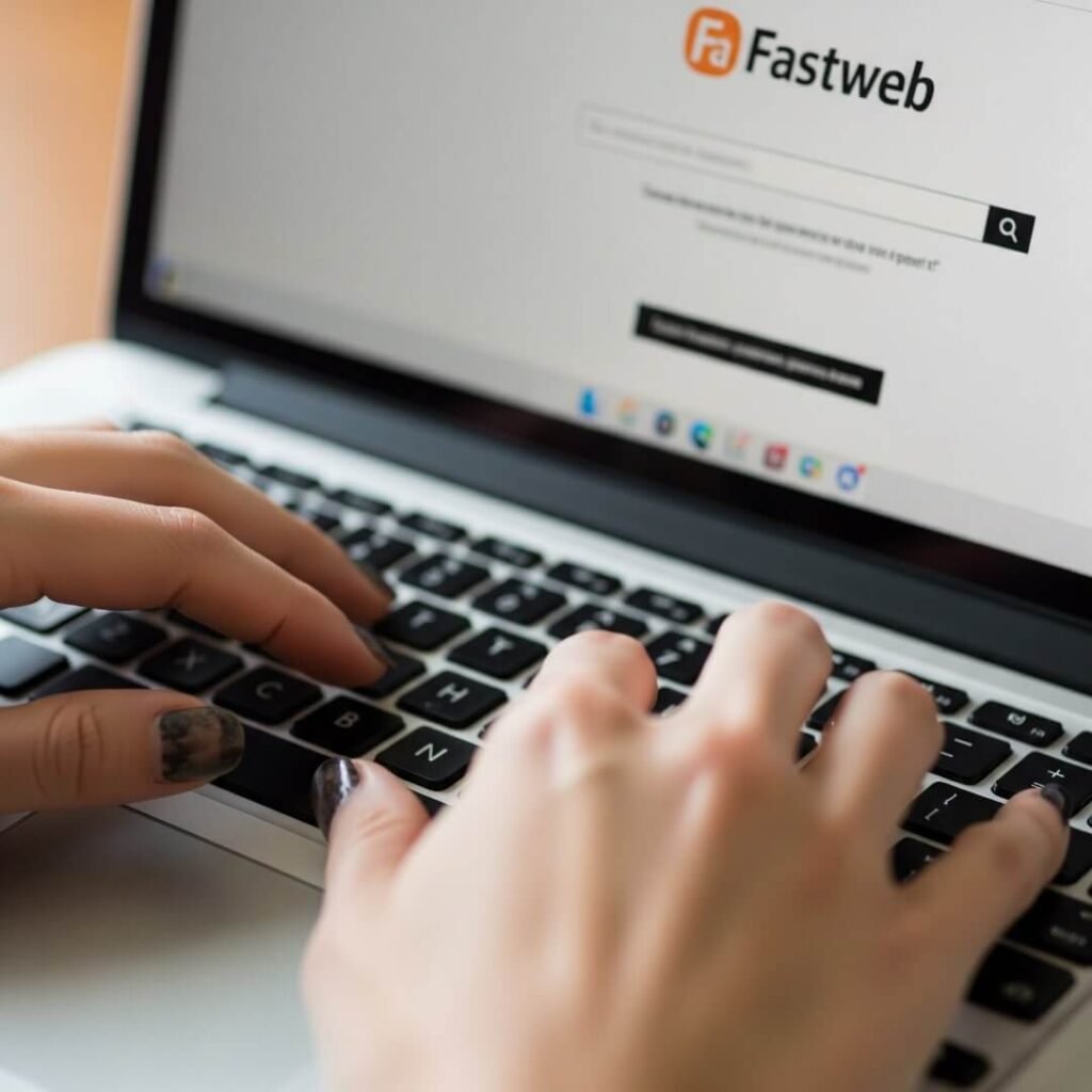 Hands typing on a laptop, with a browser open to the Fastweb website.