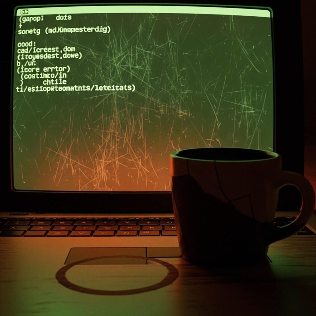 A close-up of a chipped coffee mug and a laptop screen displaying a code error.