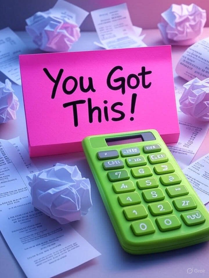 Quirky Desk Flat-Lay: Neon "You Got This!" Note, Calculator, Crumpled Receipts
