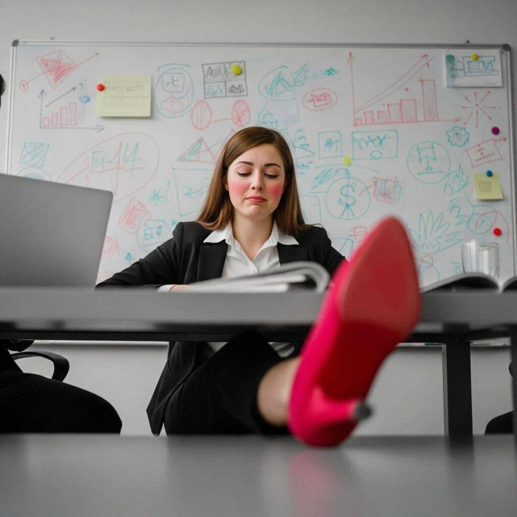 A woman at a messy meeting table, looking embarrassed, with a red high heel visible under the table.
