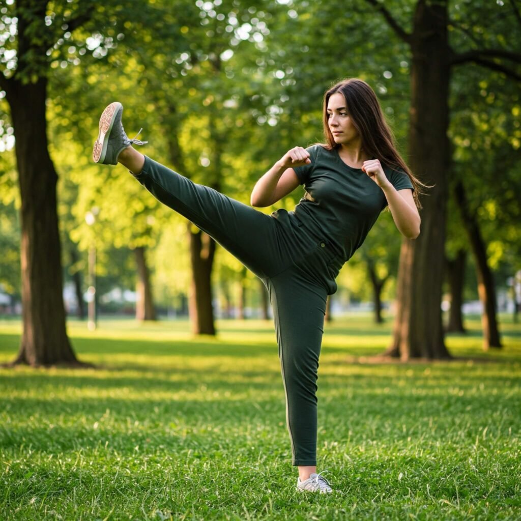 A solo woman in a park, practicing a front kick