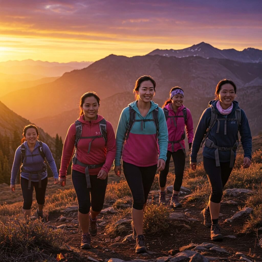 A group of women hiking at sunrise