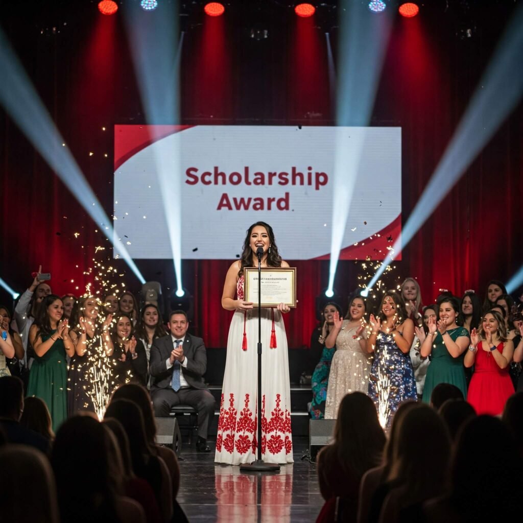 A woman on stage accepting a scholarship certificate