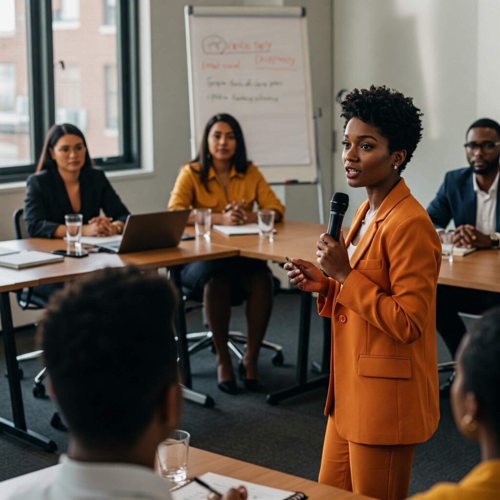 Confident woman speaking at a meeting