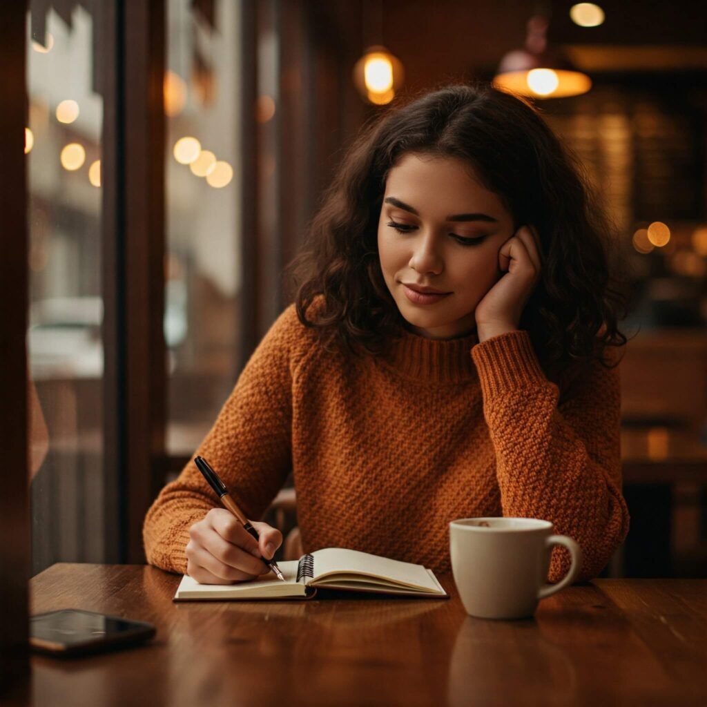 Woman journaling in cozy coffee shop