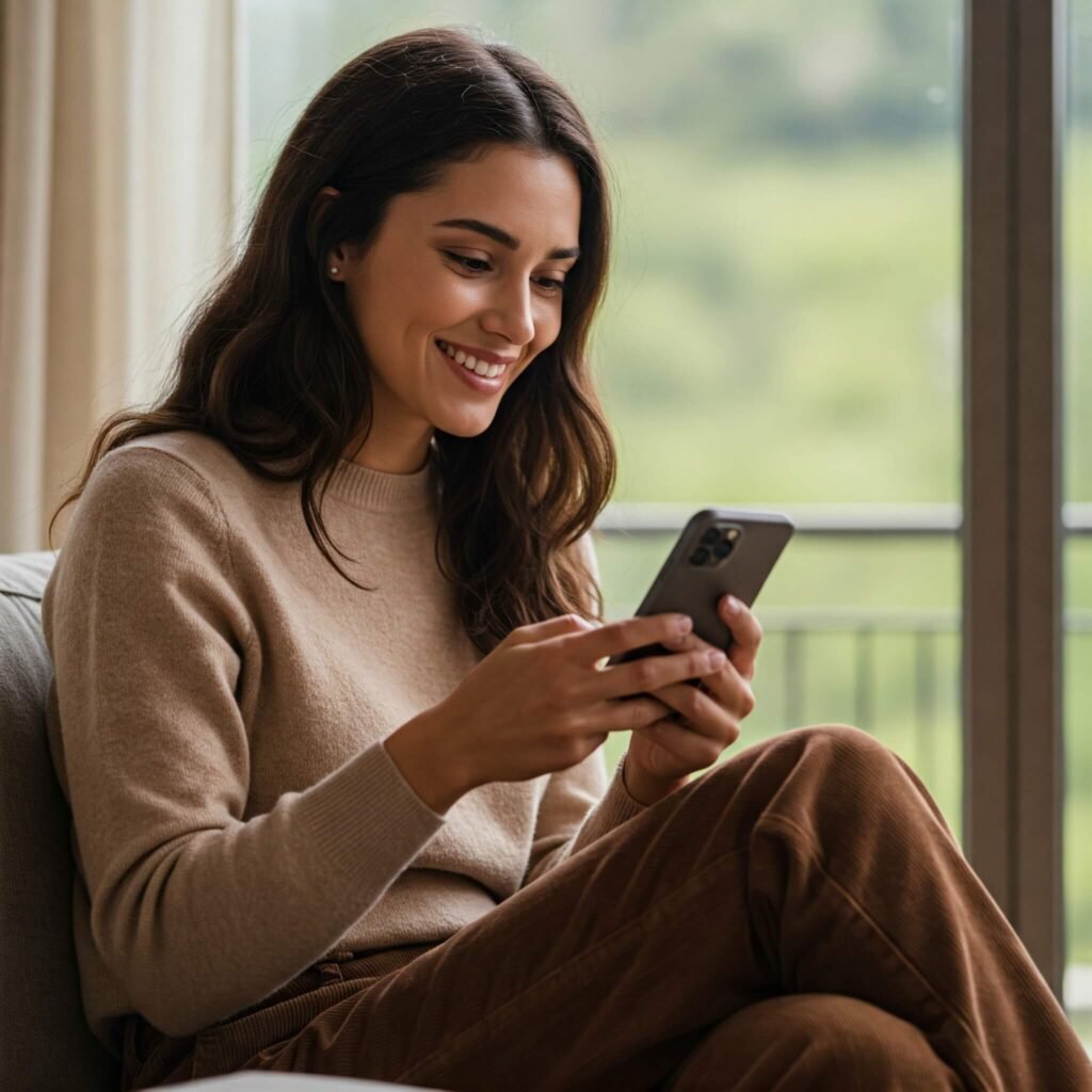 A smiling woman checking her investment portfolio on her phone