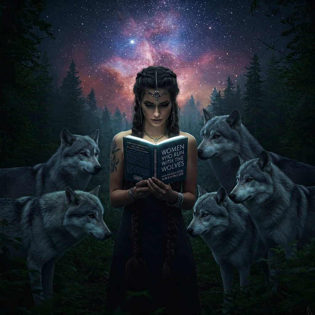 Mystical woman with wolves, book