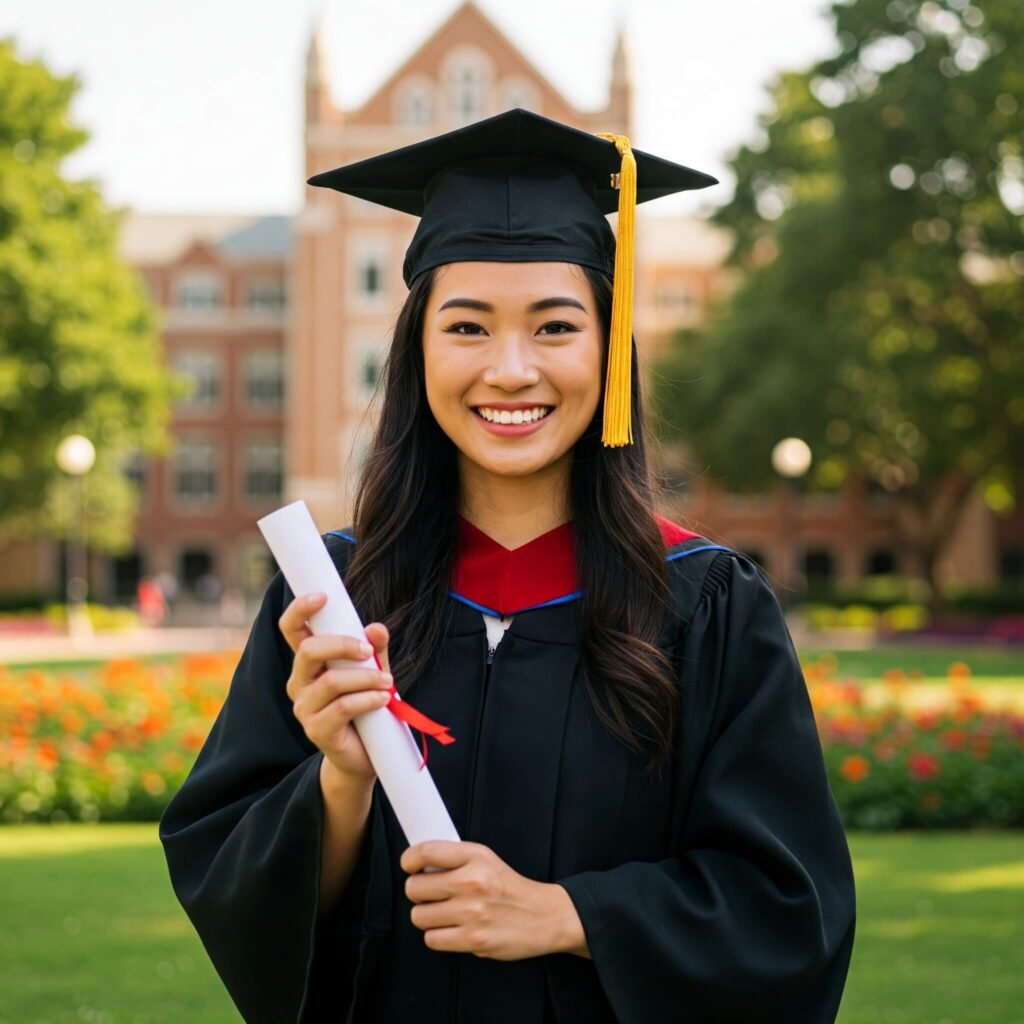 Graduate woman holding diploma.