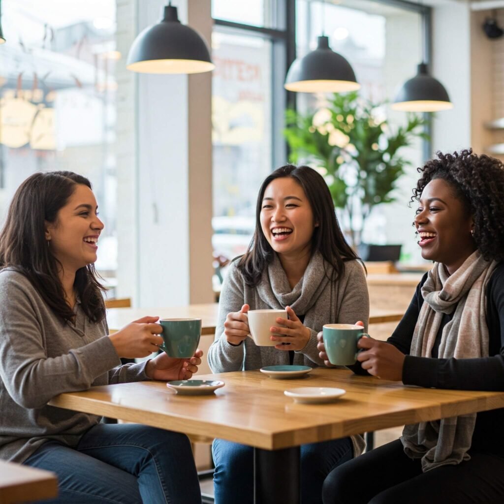 Women laughing over coffee.