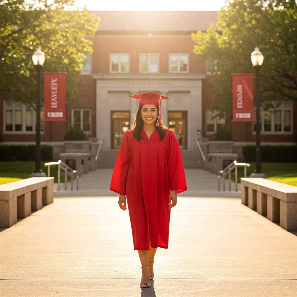 Woman celebrating academic achievement proudly.